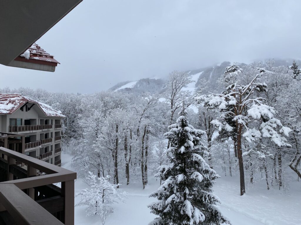 ホテルから見える雪景色とスキー場